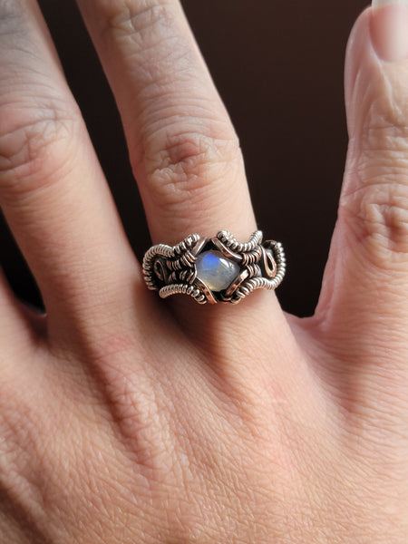 Size 6 Rainbow Moonstone Copper and Silver Wire Wrapped Ring