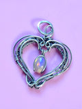 Ethiopian Opal Dangle Heart Pendant Sterling and Argentium Silvers Wire Wrapped Necklace