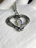 Ethiopian Opal Dangle Heart Pendant Sterling and Argentium Silvers Wire Wrapped Necklace
