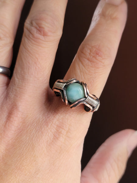 Size 7.5 Larimar Copper and Sterling Silver Wire Wrapped Ring