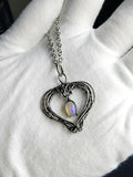 Ethiopian Opal Dangle Heart Pendant Sterling and Argentium Silvers Wire Wrapped Necklace