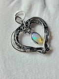 Ethiopian Opal Dangle Heart Pendant Sterling and Argentium Silvers Wire Wrapped Necklace