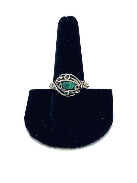 Size 10 Malachite Wire Wrapped Ring Sterling and Argentium Silvers