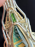 Circuit Board Tech Symmetrical Pendant Gold Silver Heady Wire Wrap Tourmaline Chrome Diopside