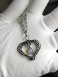 Ethiopian Opal Dangle Heart Pendant Sterling and Argentium Silvers Wire Wrapped Necklace