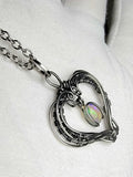 Ethiopian Opal Dangle Heart Pendant Sterling and Argentium Silvers Wire Wrapped Necklace