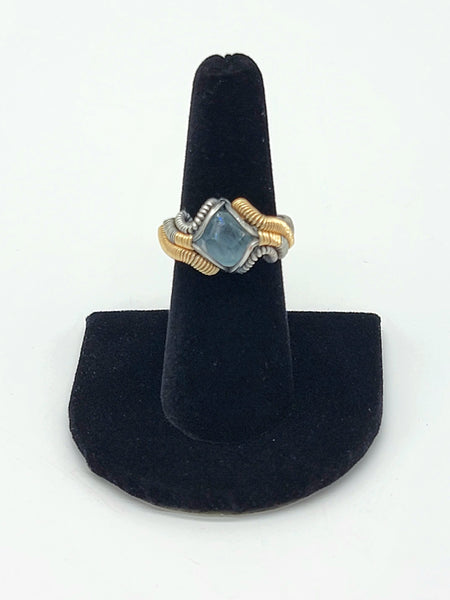 Size 7.5 Freeform Cut Blue Fluorite Argentium Silver and 14k Yellow Goldfill Ring