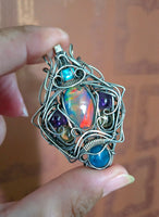 Aurora Opal, Topaz, Blue Apatite, Citrine and Amethyst Wire Wrapped Pendant