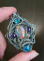 Aurora Opal, Topaz, Blue Apatite, Citrine and Amethyst Wire Wrapped Pendant