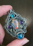 Aurora Opal, Topaz, Blue Apatite, Citrine and Amethyst Wire Wrapped Pendant