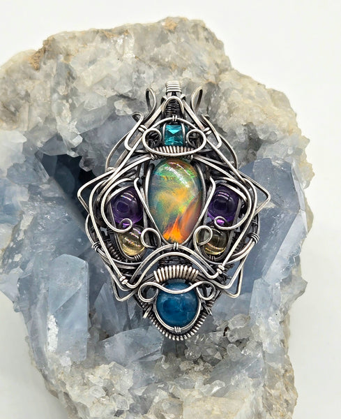 Aurora Opal, Topaz, Blue Apatite, Citrine and Amethyst Wire Wrapped Pendant