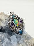 Aurora Opal, Topaz, Blue Apatite, Citrine and Amethyst Wire Wrapped Pendant