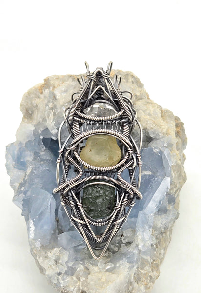 Herkimer Diamond, Libyan Desert Glass and Moldavite Wire Wrapped Pendant