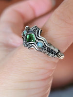 Size 9.5 Opal and Green  Tourmaline Argentium and Sterling Silver Ring