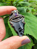 Black Obsidian Carved Arrowhead With Amethyst and Opal