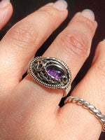 Size 8 Amethyst Wire Wrapped Swirly Flowy Ring Sterling and Argentium Silvers