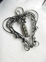 Moldavite Dangle Heart Pendant Sterling and Argentium Silver Wire Wrapped