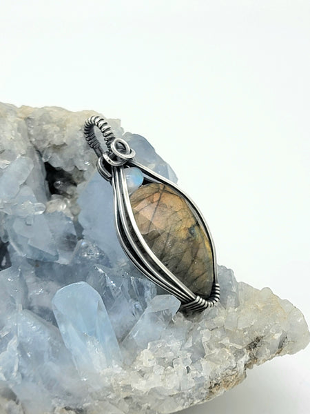 Labradorite and Moonstone In Sterling Silver Wire Wrapped Pendant