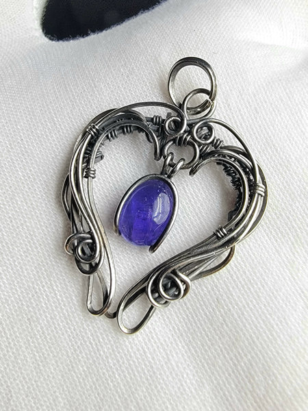 Tanzanite Dangle Heart Pendant Sterling Argentium Silvers Wire Wrapped Necklace