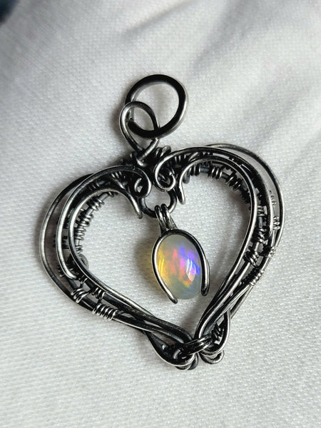 Ethiopian Opal Dangle Heart Pendant Sterling and Argentium Silvers Wire Wrapped Necklace