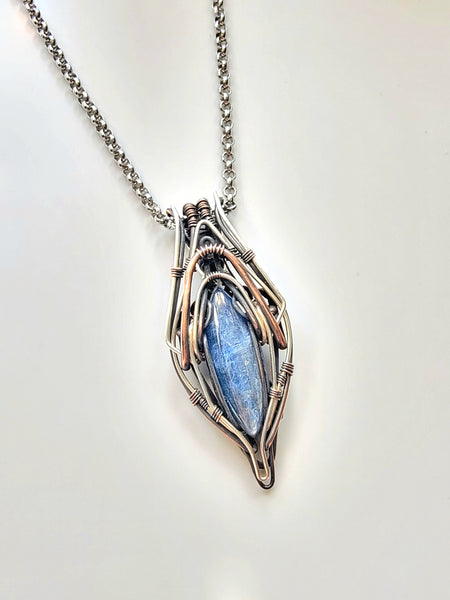 Kyanite in Copper and Argentium Silver Symmetrical Wire Wrap