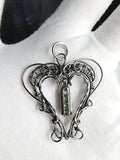 Moldavite Dangle Heart Pendant Sterling and Argentium Silver Wire Wrapped