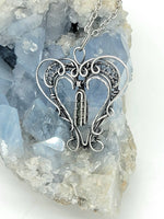 Moldavite Dangle Heart Pendant Sterling and Argentium Silver Wire Wrapped