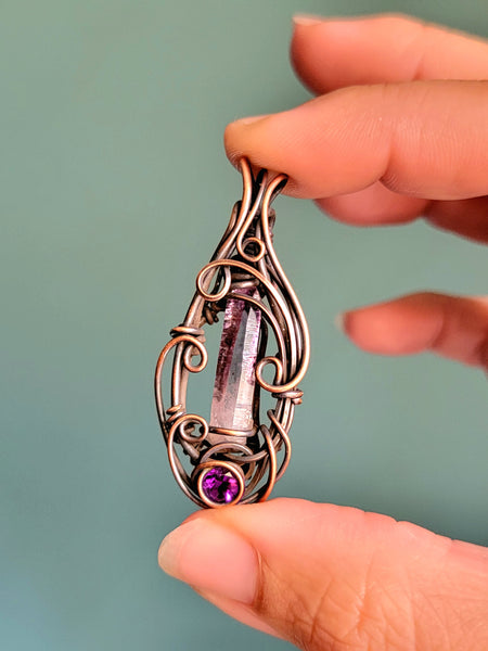 Vera Cruz Amethyst Point with Amethyst Facet in Copper Wire Wrapped Necklace