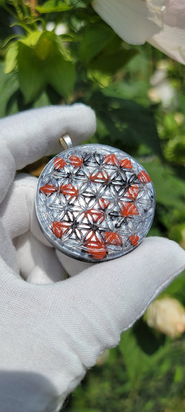 Red Jasper Shungite 3D Flower of Life Orgonite Pendant EMF Protection