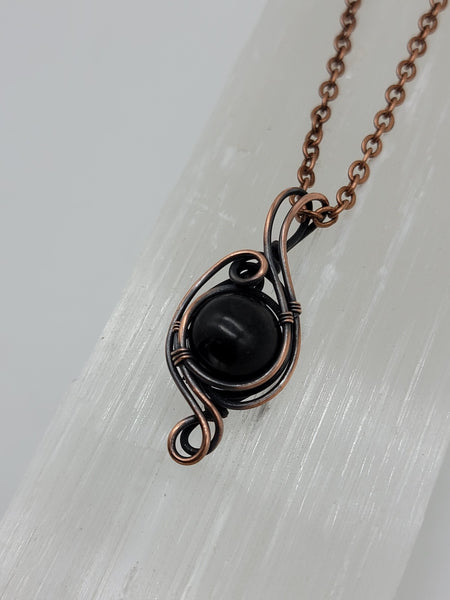 Shungite Bead in Copper Wire Wrapped Pendant Necklace