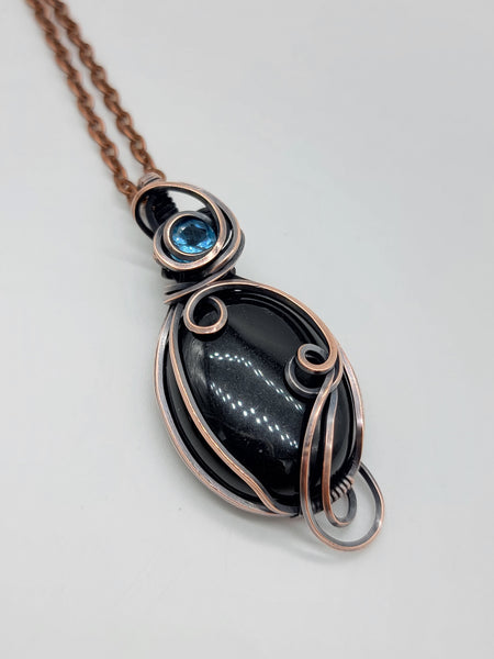 Obsidian and Topaz Copper Wire Wrapped Necklace