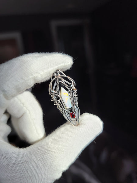 Coober Pedy Opal and Garnet Sterling Silver Wire Wrapped Pendant