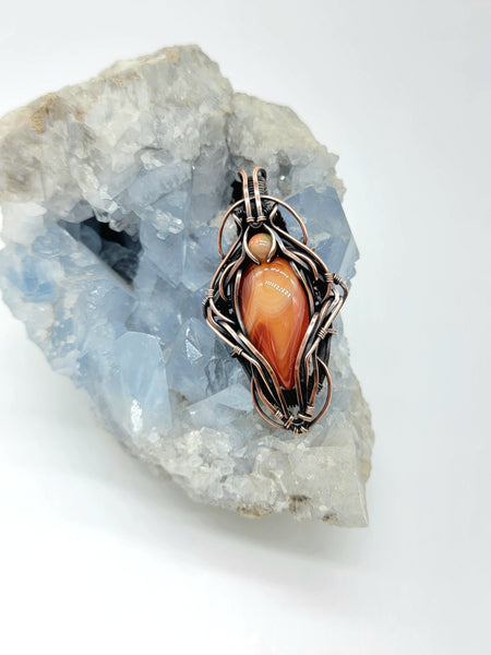 Orange Yellow Red Banded Agate and Ethiopian Opal Copper Wire Wrapped Necklace