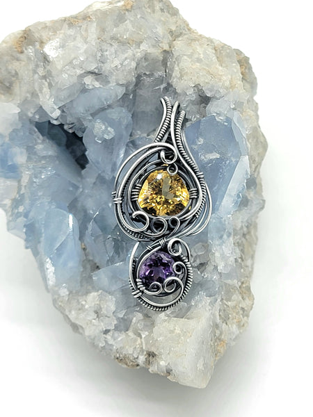 Trillion Cut Citrine With Round Cut Amethyst in Sterling Silver