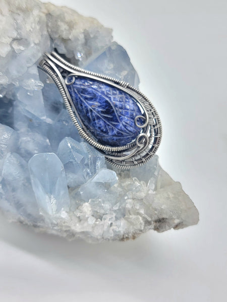 Sodalite Leaf Carving in Sterling and Argentium Silvers