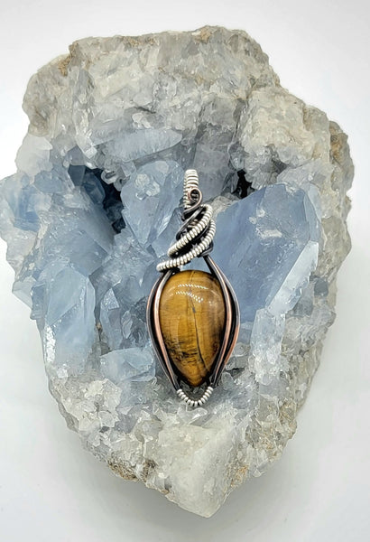 Tiger's Eye In Copper And Sterling Wire Wrapped Necklace