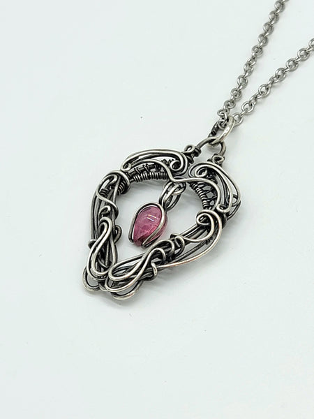 Sterling Silver Dangle Heart Wire Wrapped Necklace Pink Tourmaline