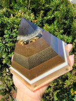 Moldavite Quartz Selenite 6 Sided Orgonite Pyramid With Tensor Ring Plus Crystal Grid