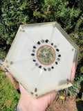 Moldavite Quartz Selenite 6 Sided Orgonite Pyramid With Tensor Ring Plus Crystal Grid