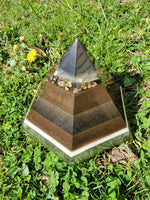 Moldavite Quartz Selenite 6 Sided Orgonite Pyramid With Tensor Ring Plus Crystal Grid