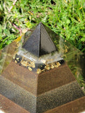 Moldavite Quartz Selenite 6 Sided Orgonite Pyramid With Tensor Ring Plus Crystal Grid