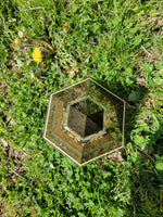 Moldavite Quartz Selenite 6 Sided Orgonite Pyramid With Tensor Ring Plus Crystal Grid