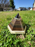 Moldavite Quartz Selenite 6 Sided Orgonite Pyramid With Tensor Ring Plus Crystal Grid