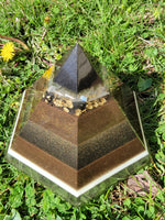 Moldavite Quartz Selenite 6 Sided Orgonite Pyramid With Tensor Ring Plus Crystal Grid