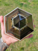 Moldavite Quartz Selenite 6 Sided Orgonite Pyramid With Tensor Ring Plus Crystal Grid