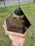 Moldavite Quartz Selenite 6 Sided Orgonite Pyramid With Tensor Ring Plus Crystal Grid