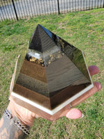 Moldavite Quartz Selenite 6 Sided Orgonite Pyramid With Tensor Ring Plus Crystal Grid